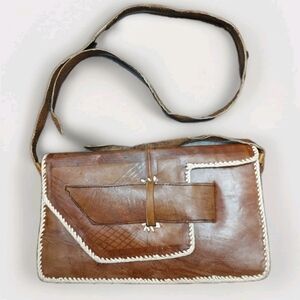 70's Handmade Leather Patchwork Clutch  African Moroccan? Flap Closure X Body